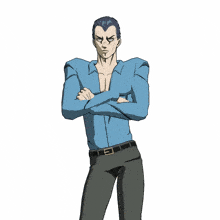 a cartoon drawing of a man in a blue shirt and black pants