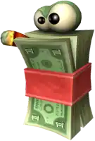 a stack of one dollar bills with a cartoon character on top