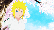 a young boy with yellow hair and blue eyes stands under a tree with cherry blossoms