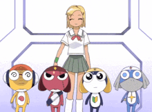 a group of cartoon characters including a girl with a watch