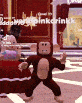 a person in a monkey costume is dancing in a room