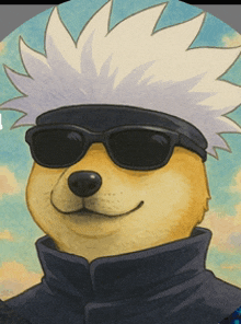 a drawing of a dog wearing sunglasses and a bandana on its head