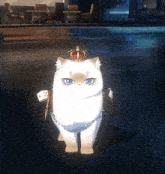 a cat with a crown on its head is standing on a dark street