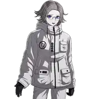 a girl wearing a white jacket that says hbdj
