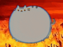 a cartoon cat is flying through the air in front of a fire .