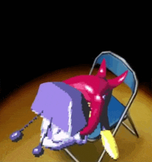 a pixel art of a purple and red monster laying on a blue chair