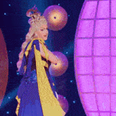 a woman in a blue and yellow dress is standing in front of a purple light