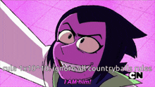 a cartoon character says " i am him " in a pink background