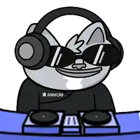a cartoon of a cat wearing headphones and sunglasses with the word mercle on the sleeve