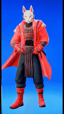 a man wearing a fox mask and a red coat is standing in front of a blue background
