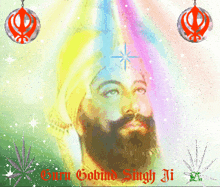 a painting of guru gobind singh ji with a rainbow background