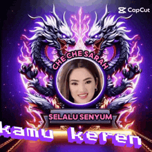 a picture of a woman surrounded by dragons and the words " kamu keren "