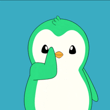 a green and white penguin with a yellow beak covering its mouth