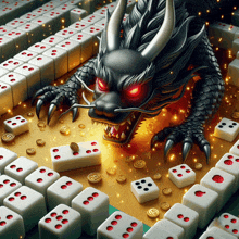 a dragon with red eyes is surrounded by white dice