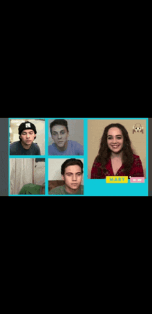 a group of people are having a video call and one of them is wearing a plaid shirt and a black hat