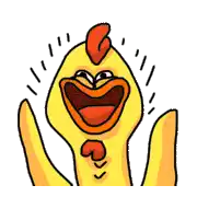 a cartoon chicken is laughing with its arms in the air and its mouth open .