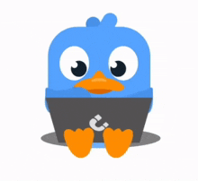 a cartoon duck is sitting in front of a laptop with a question mark on it