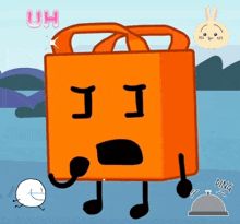 a cartoon drawing of an orange bag with a face and a bunny behind it that says uh