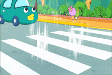 a cartoon character crossing a street with a blue car behind her