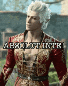 a man with white hair is wearing a red and gold outfit with the words absolut inte written on it .