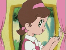 a cartoon girl with brown hair and a pink headband looks out a window