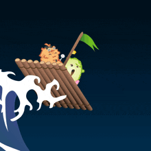 a cartoon illustration of a raft with a green flag on top
