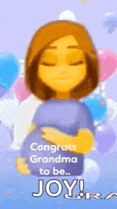 a pregnant woman is holding her belly with balloons in the background and says `` congrats grandma to be ... joy ! ''