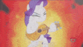 a cartoon of a pony playing a guitar with a red background