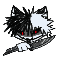 a drawing of a cat holding a knife with red eyes