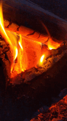 a close up of a fire burning in a dark room