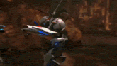 a robot is flying through the air holding a red light saber