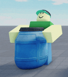 a roblox character wearing a green shirt and a green hat is sitting on a blue barrel
