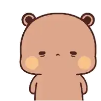 a cartoon bear with a pink nose is making a funny face with its hands in the air .