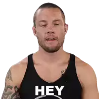 a man wearing a black tank top that says hey on it