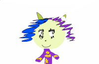 a child 's drawing of a unicorn with blue hair and a purple shirt