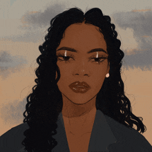 a close up of a woman 's face with a cloudy sky in the background