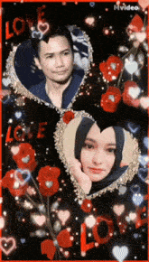 a man and a woman are surrounded by hearts and the word love is on the bottom
