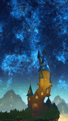 a cartoon castle with a wizard hat on top