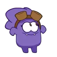 a purple cartoon character is wearing a brown hat and goggles