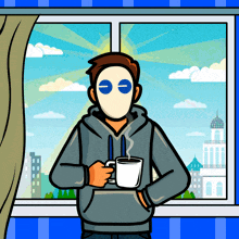 a man with a mask on his face holds a cup of coffee in front of a window