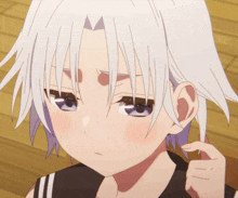 a close up of a anime character with white hair