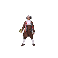 a man in an american flag costume is dancing with money falling around