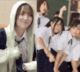 a girl in a white hoodie is standing next to a group of girls