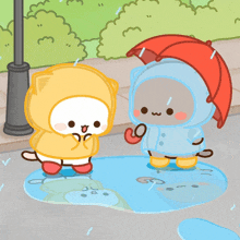 two cartoon characters wearing raincoats and holding umbrellas standing in a puddle