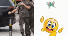 a group of soldiers are hugging each other in front of a car and a smiley face .