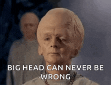 a man with a big head is standing in front of a group of men .
