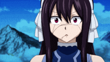 a girl with purple hair and red eyes has a broken nose
