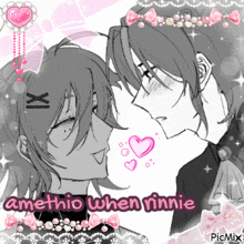 a black and white drawing of two people with the words amethio when rinnie below them
