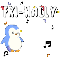 a penguin with a star in its mouth is surrounded by music notes and the word fri-nally