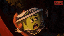 a cartoon character from the movie sausage party holding a cup of fun dips
